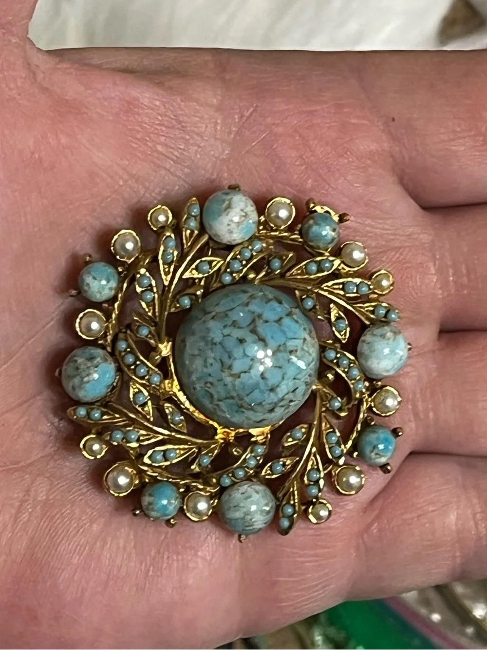 Vintage Turquoise Pearl Brooch